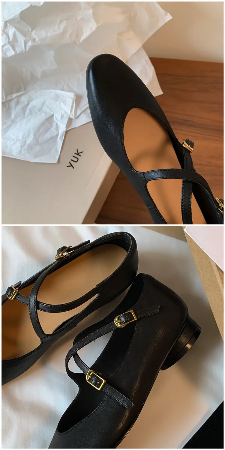 Womens Leather Cross Buckle Ballet Flats