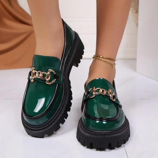 Women's Patent Leather Block Heel Loafers
