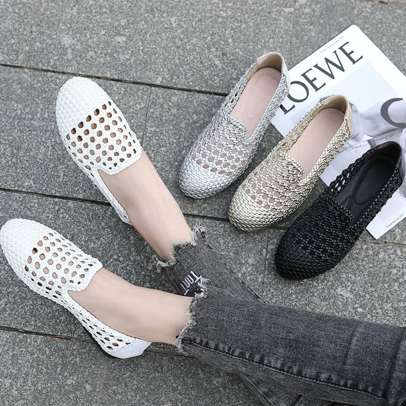 Womens Leather Woven Ballet Flats