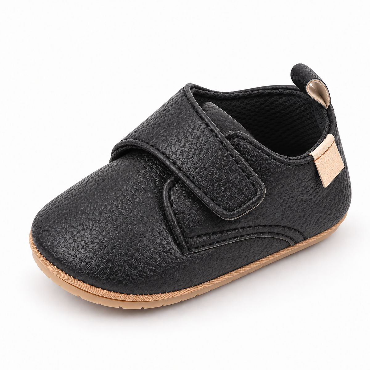 Baby Velcro First Walker Shoes Black - chaussures premiers pas bebe noires avec scratch, cuir texture et semelle souple beige