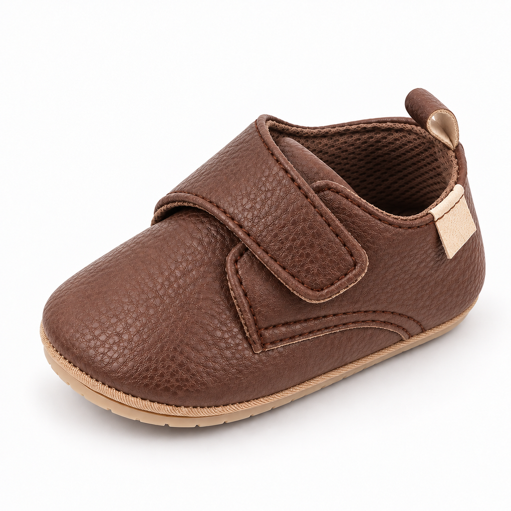 Baby Velcro First Walker Shoes Brown - chaussures premiers pas bebe marron en cuir texture avec scratch et semelle flexible