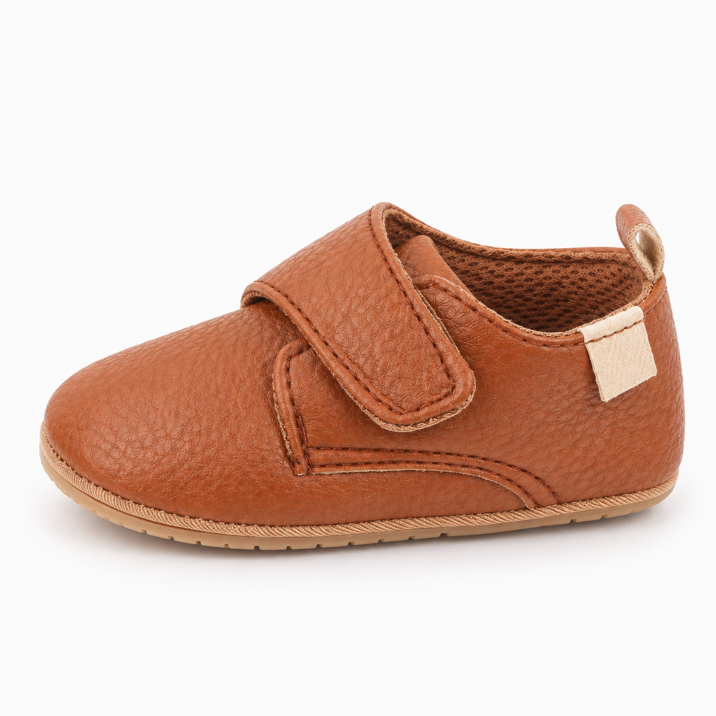 Baby Velcro First Walker Shoes Tan vue profil - chaussons bebe premiers pas tan avec fermeture velcro et semelle flexible