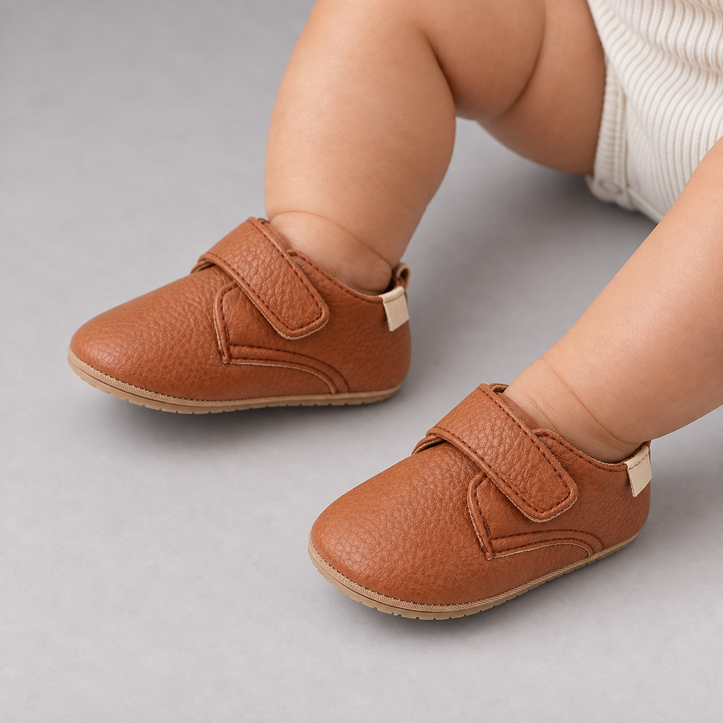 Baby Velcro First Walker Shoes Tan portees - chaussures premiers pas bebe tan avec scratch, photo portee premium