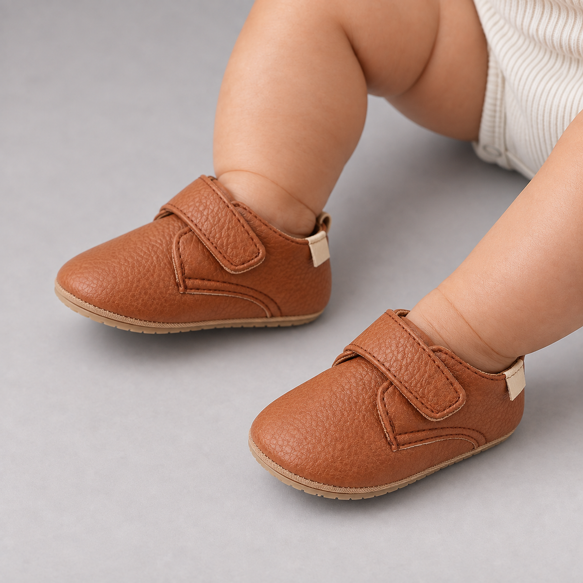 Baby Velcro First Walker Shoes Tan portees - chaussures premiers pas bebe tan avec scratch, photo portee premium