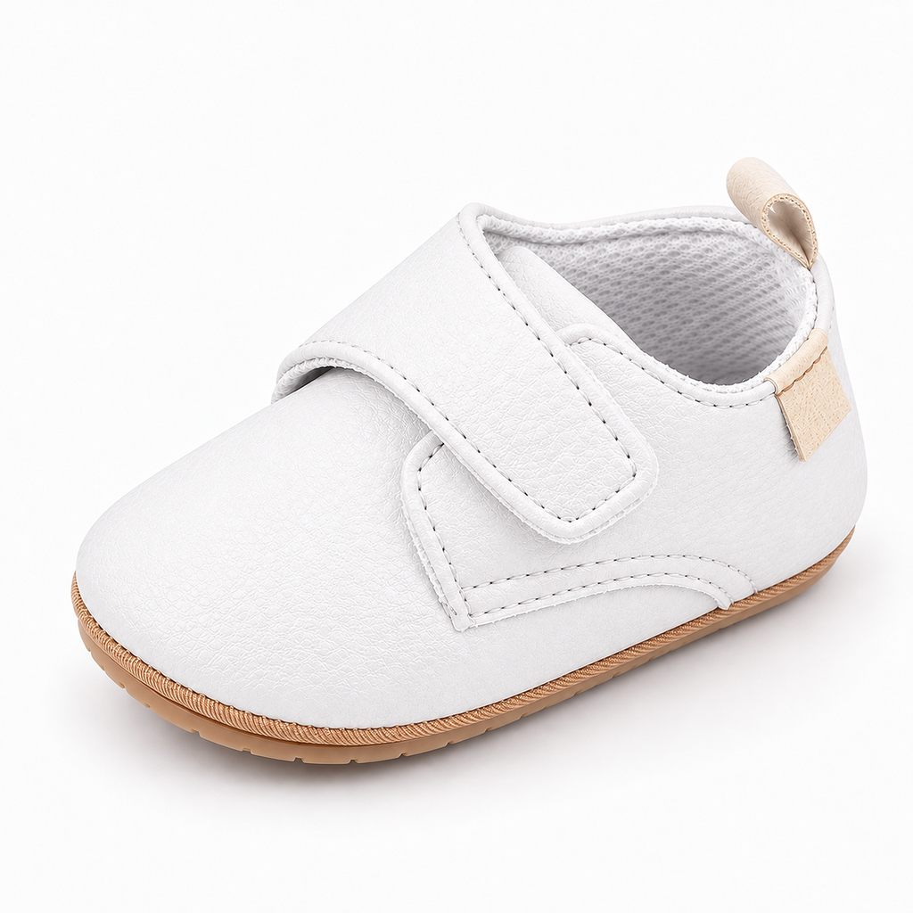 Baby Velcro First Walker Shoes White - chaussures premiers pas bebe blanches avec scratch, semelle beige souple et cuir texture