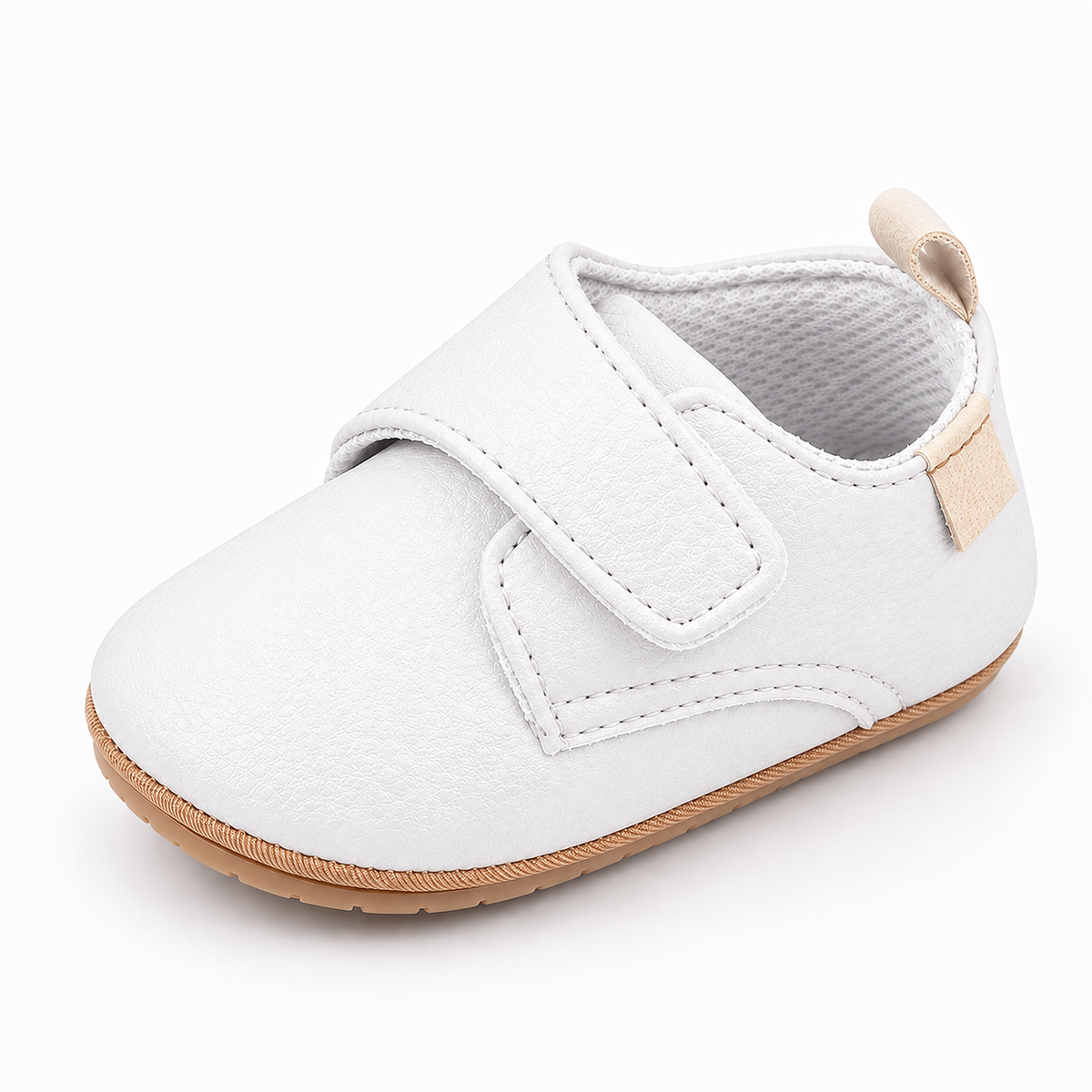 Baby Velcro First Walker Shoes White - chaussures premiers pas bebe blanches avec scratch, semelle beige souple et cuir texture