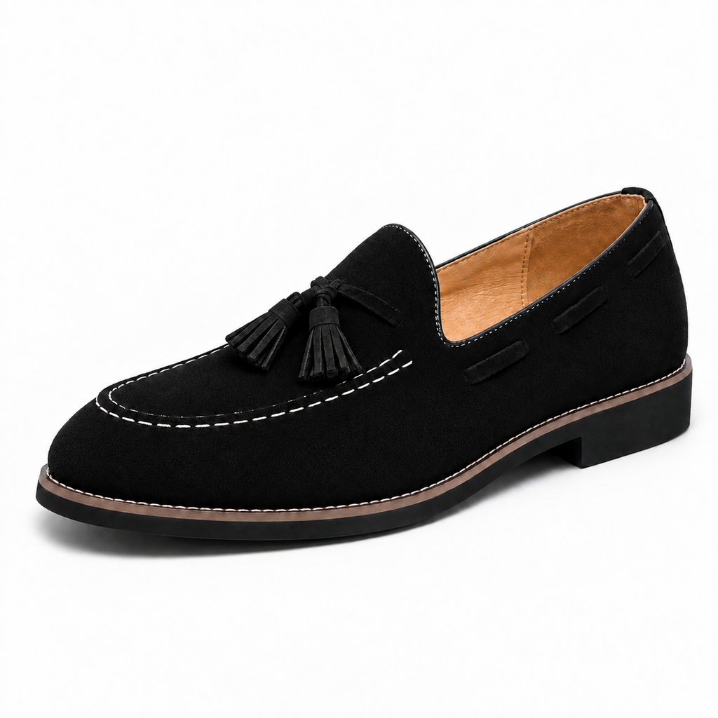 Black Womens Suede Tassel Loafers close-up - straight tassels, white stitching and premium suede finish