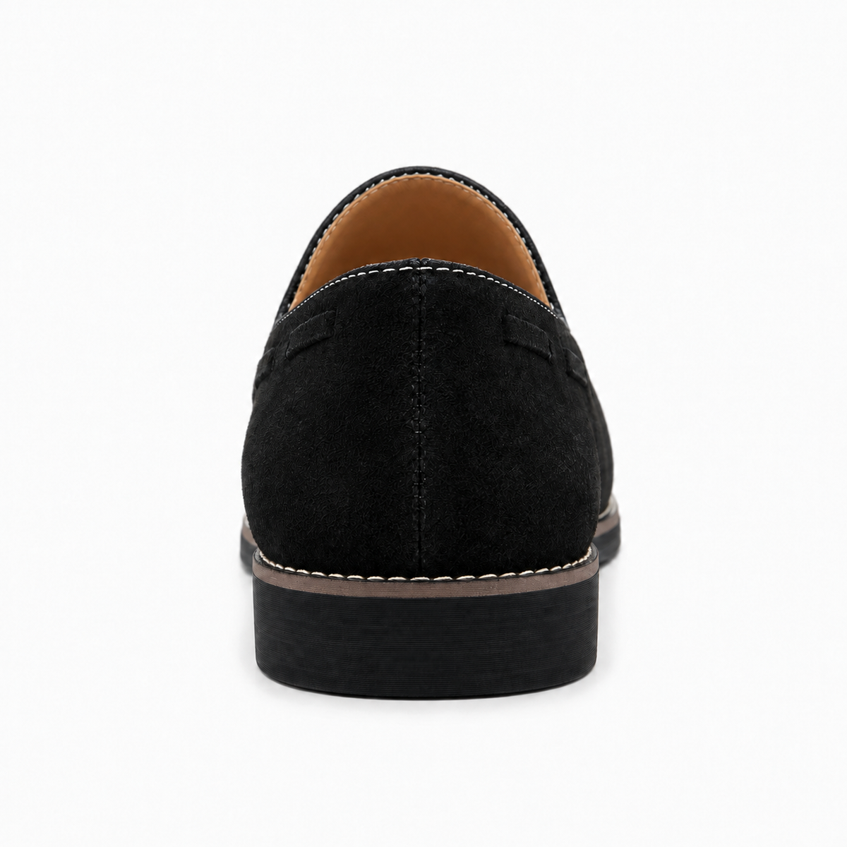 Black Womens Suede Tassel Loafers rear view - clean heel finish, tan leather lining and white stitching