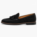 Black Womens Suede Tassel Loafers - side view with balanced tassels, white stitching and tan leather lining