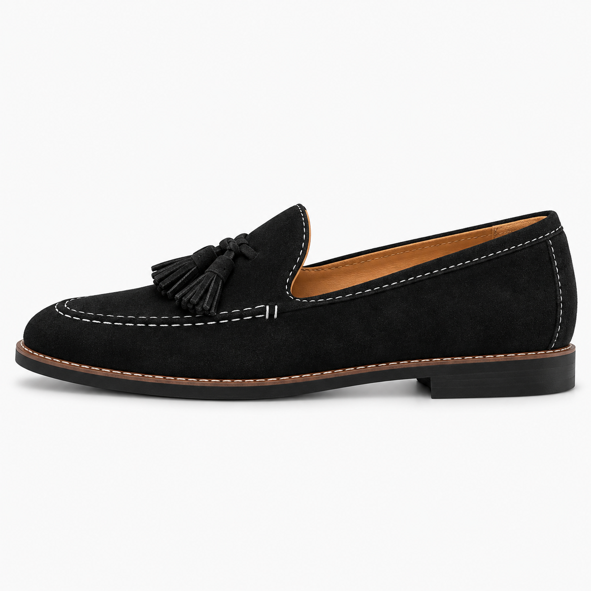 Black Womens Suede Tassel Loafers - side view with balanced tassels, white stitching and tan leather lining