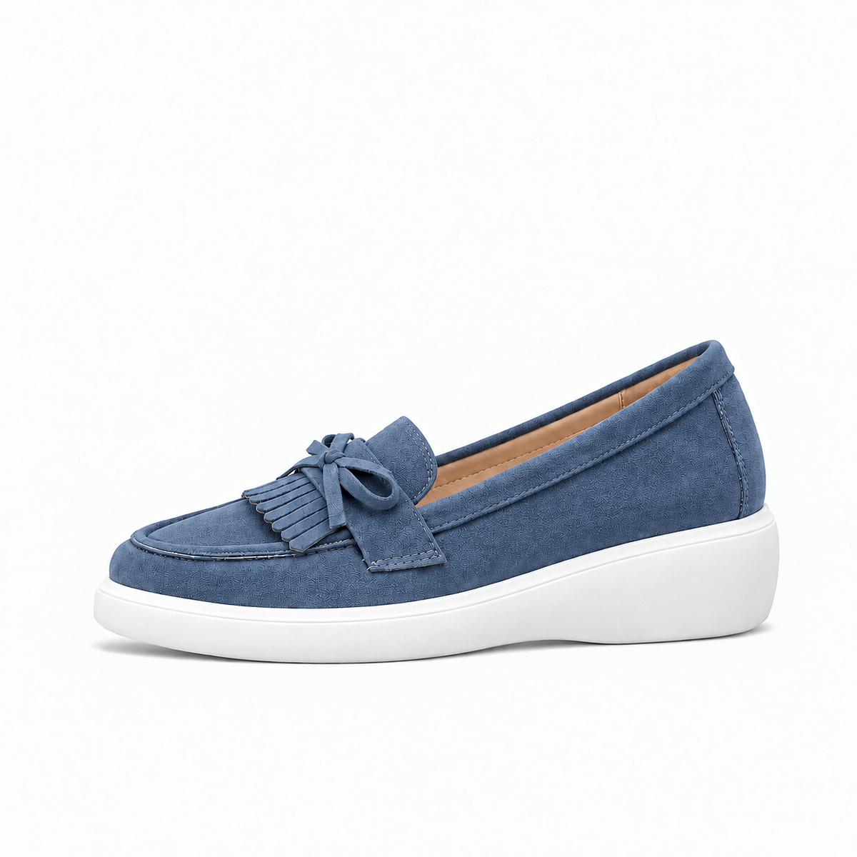 Blue Womens Bow Jelly Ballet Flats side view with flat tassels and white platform sole