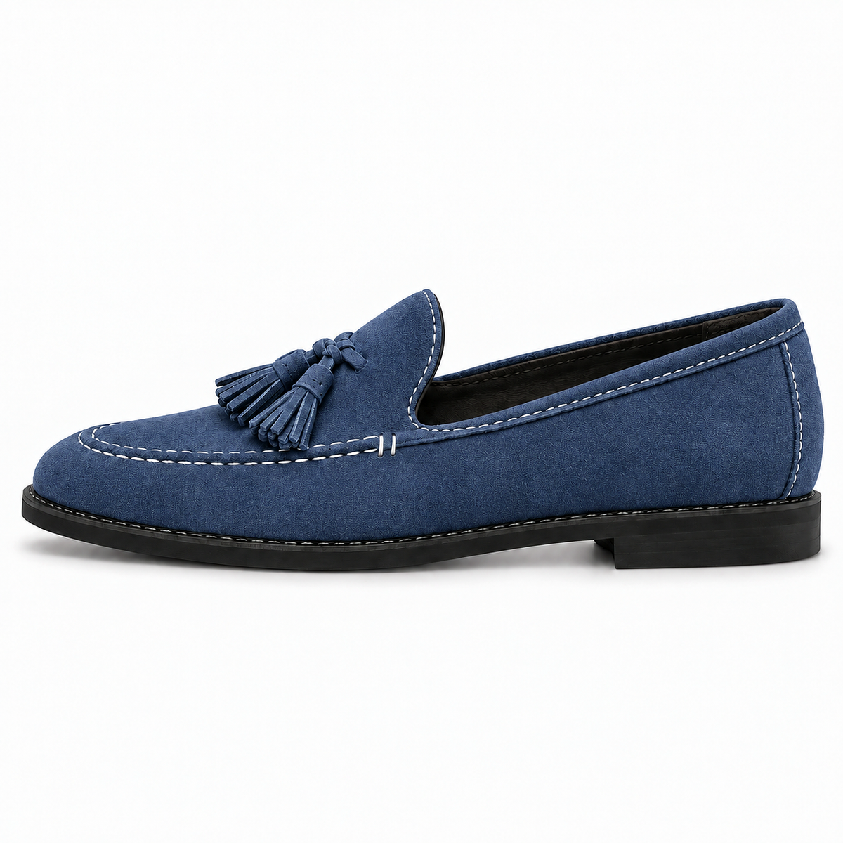Blue Womens Suede Tassel Loafers side view - premium suede tassel loafer with white stitching and tan lining