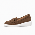 Brown Womens Bow Jelly Ballet Flats side view with flat tassels and white platform sole