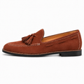 Brown Womens Suede Tassel Loafers side view - premium suede tassel loafer with white stitching and tan lining