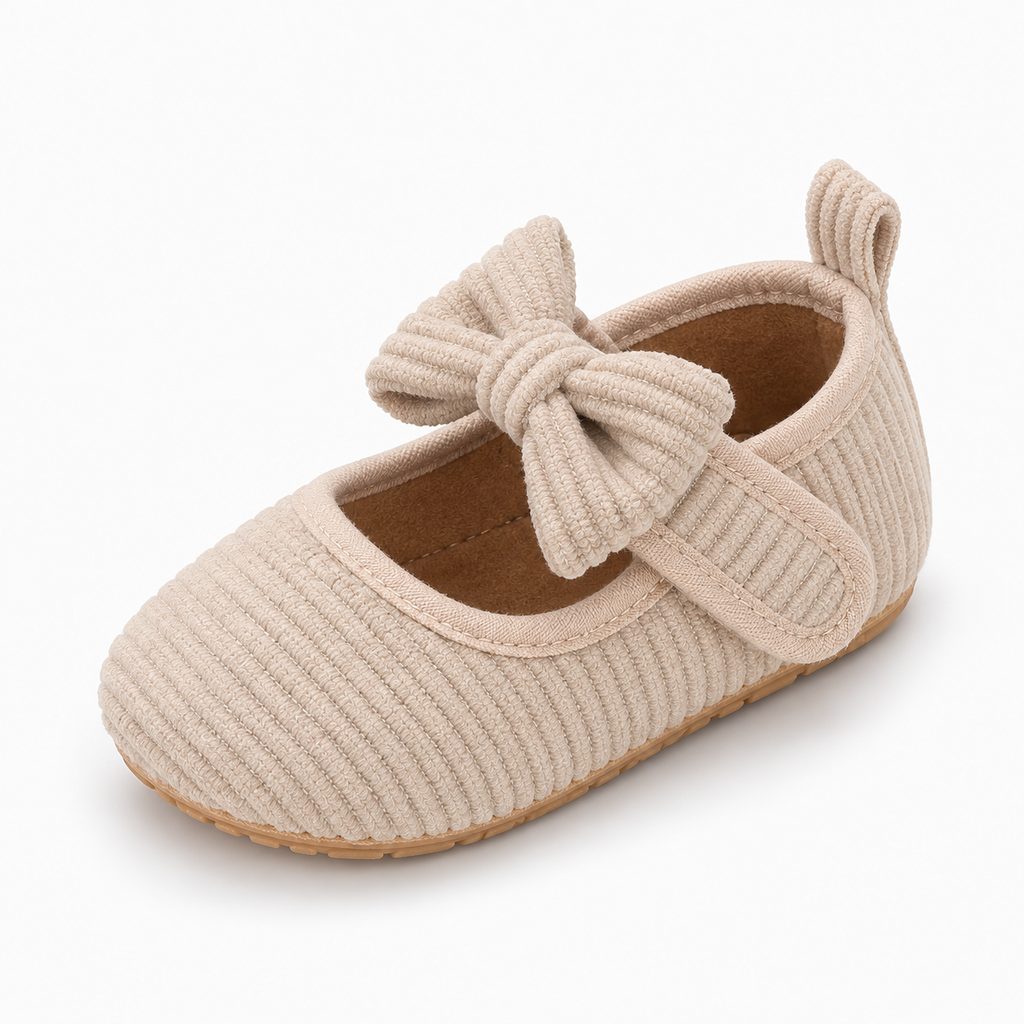 Baby Bow Corduroy Mary Jane Shoes Beige angled view - soft corduroy baby flats with bow and flexible sole