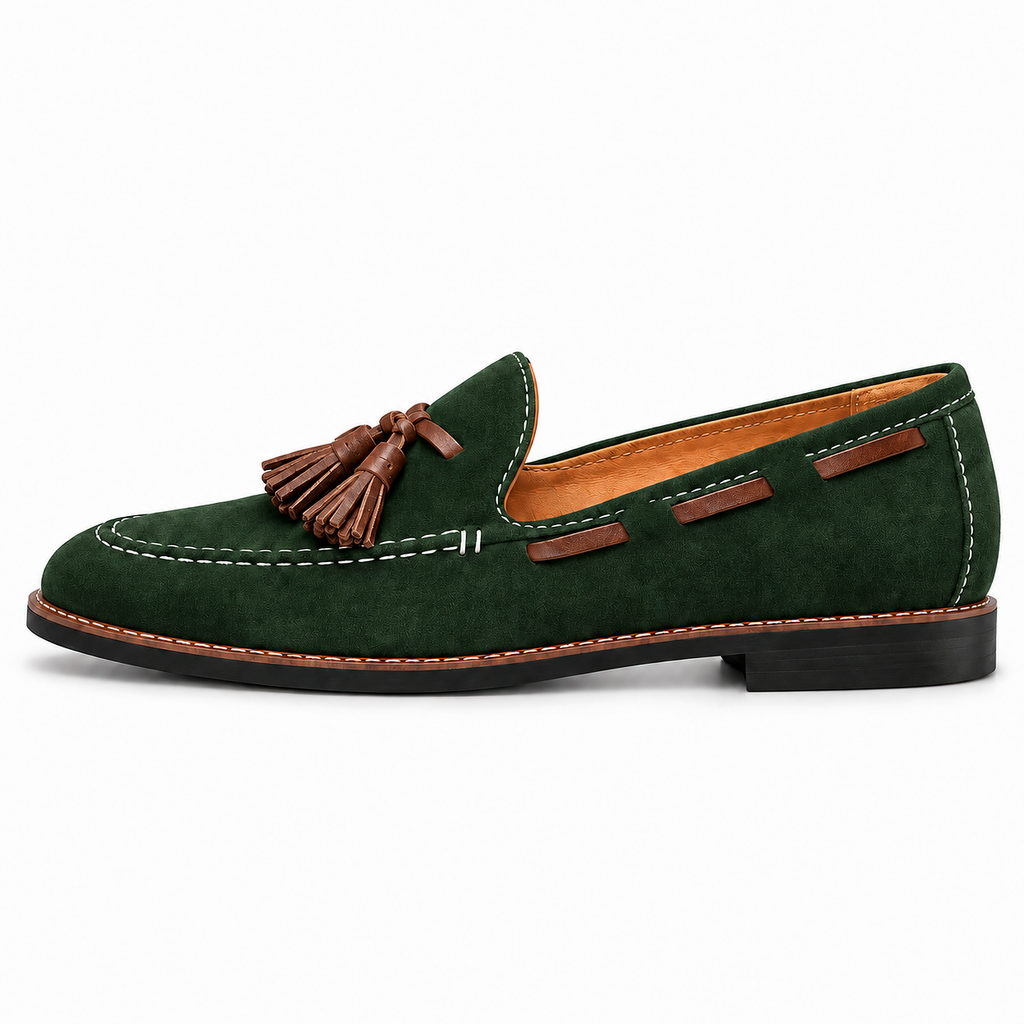 Green Womens Suede Tassel Loafers side view - premium suede tassel loafer with white stitching and tan lining
