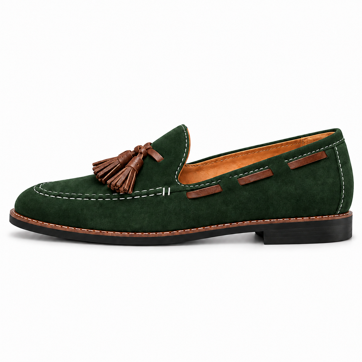 Green Womens Suede Tassel Loafers side view - premium suede tassel loafer with white stitching and tan lining
