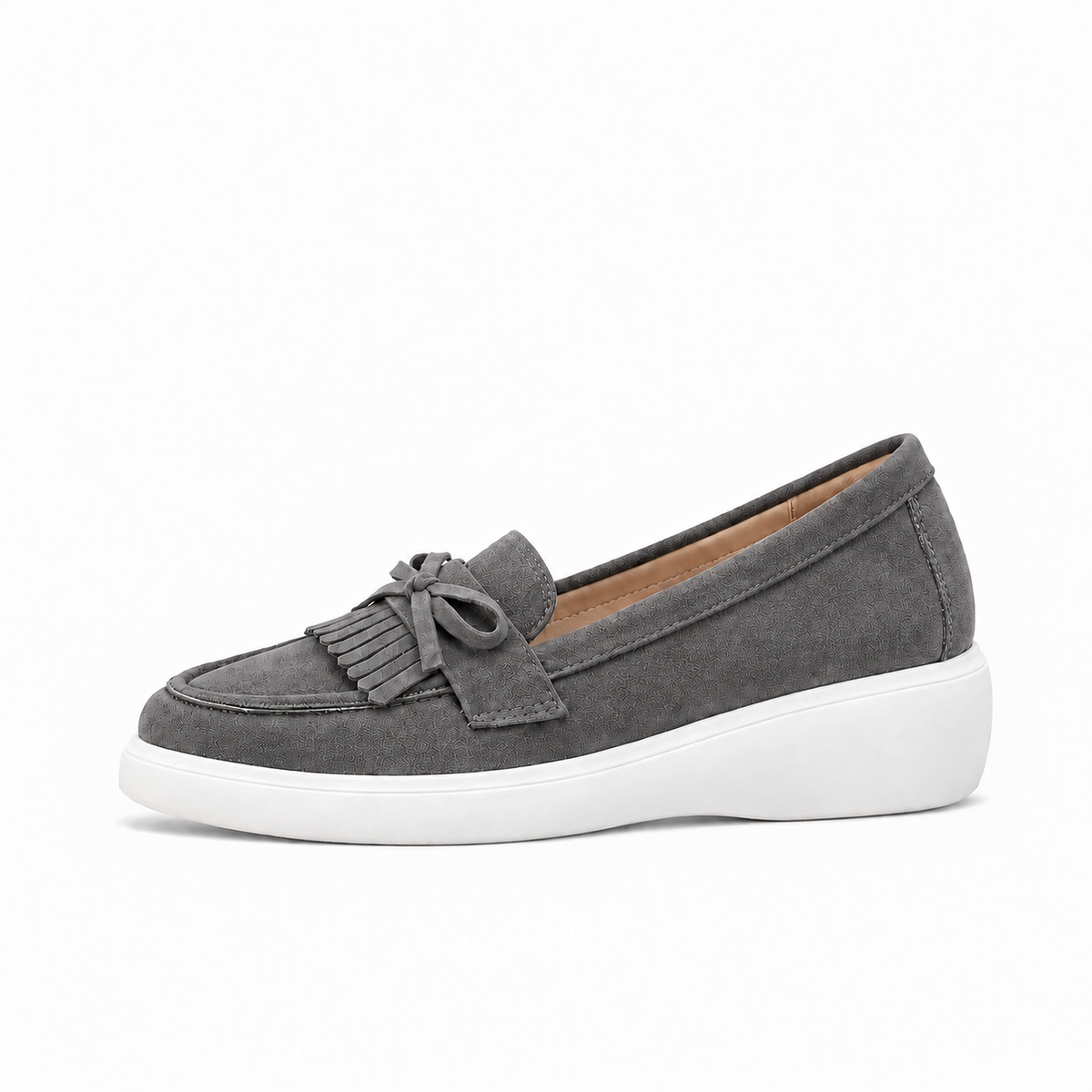 Grey Womens Bow Jelly Ballet Flats side view with flat tassels and white platform sole