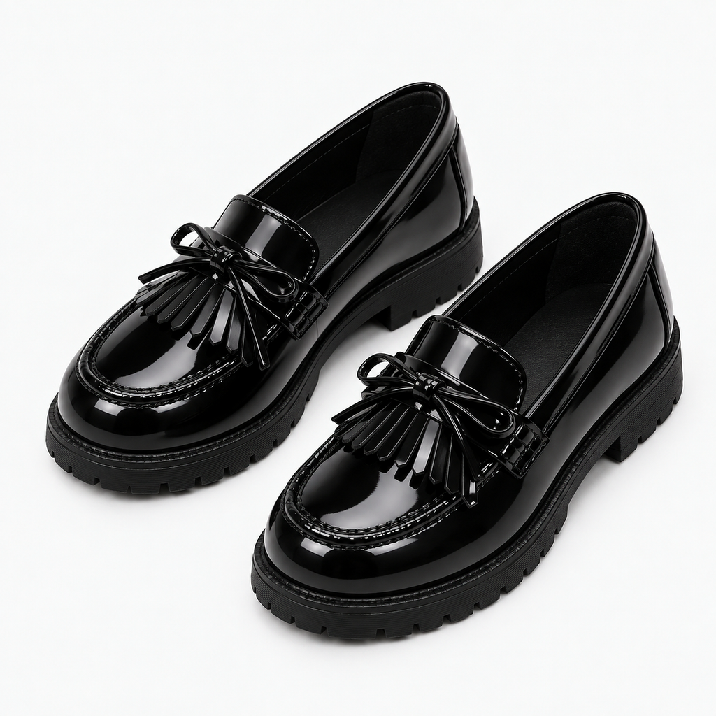 Kids Tassel Bow Loafers Black - angled pair product photo. Premium angled pair studio photo of black glossy kids tassel bow loafers with neat tassel bow detail and chunky black lug soles.
