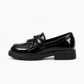 Kids Tassel Bow Loafers Black - side profile product photo. Premium side profile studio image of black glossy kids tassel bow loafers with chunky lug sole and polished patent finish.