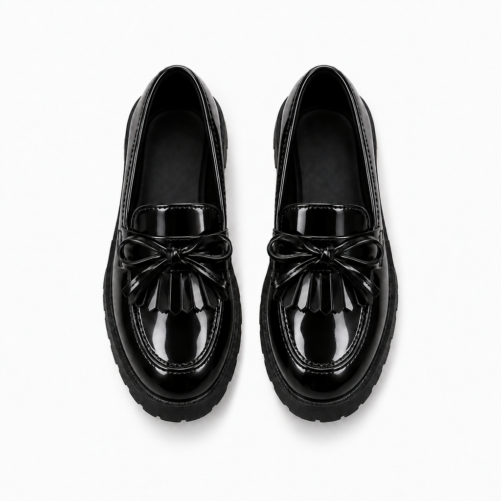 Kids Tassel Bow Loafers Black - top view with neat leather laces. Premium product photo of black glossy kids tassel bow loafers, top view, with neat leather laces and a clean lug sole.