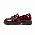 Kids Tassel Bow Loafers Burgundy - premium side profile product photo. Premium studio image of burgundy glossy kids tassel bow loafers with neat bow detail, polished patent finish and black lug sole.