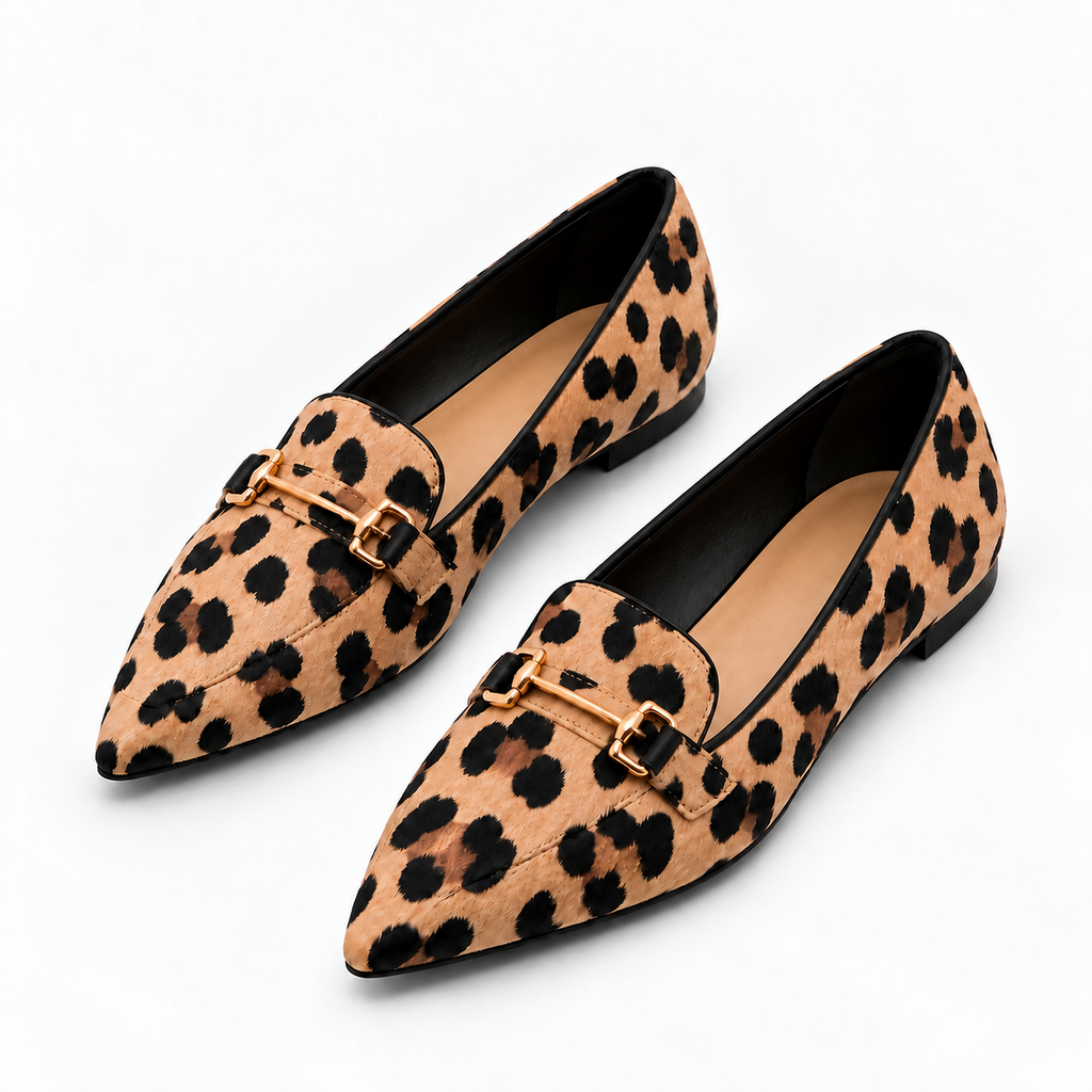 Leopard print pointed toe ballet flats pair view with gold chain detail and beige insole