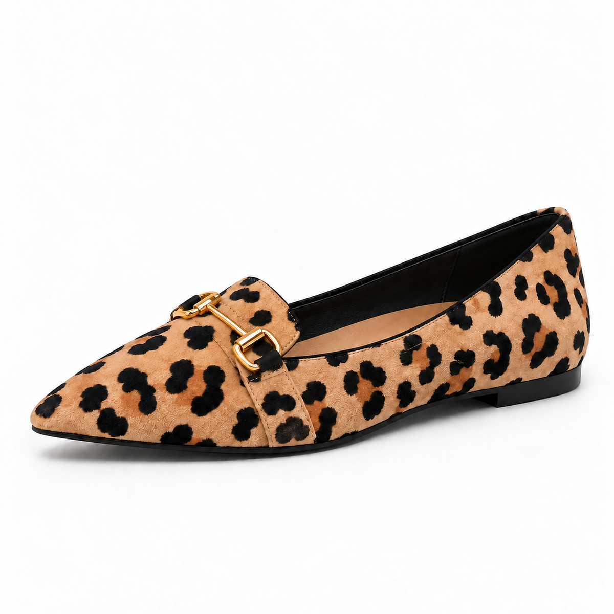 Leopard print pointed toe ballet flats side detail with gold chain hardware and beige insole