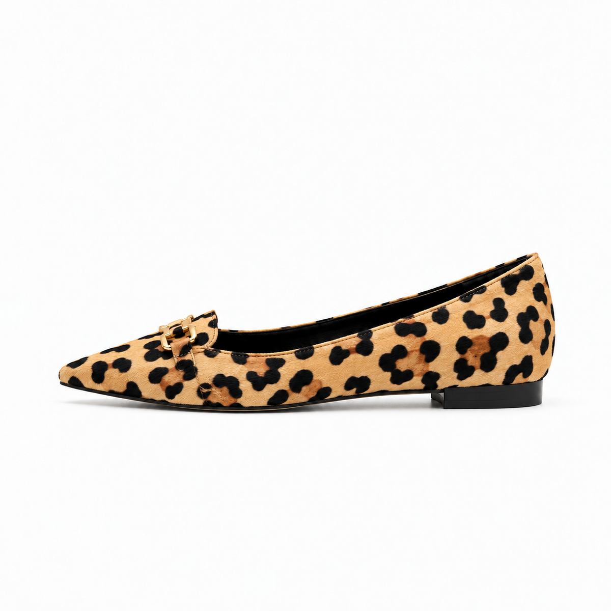 Leopard print pointed toe ballet flats side view with gold chain hardware