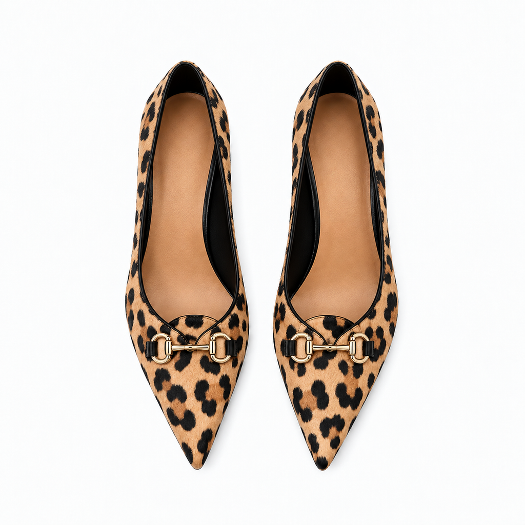 Leopard print pointed toe ballet flats top view with gold chain hardware
