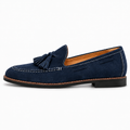 Navy Blue Womens Suede Tassel Loafers side view - premium suede tassel loafer with white stitching and tan lining