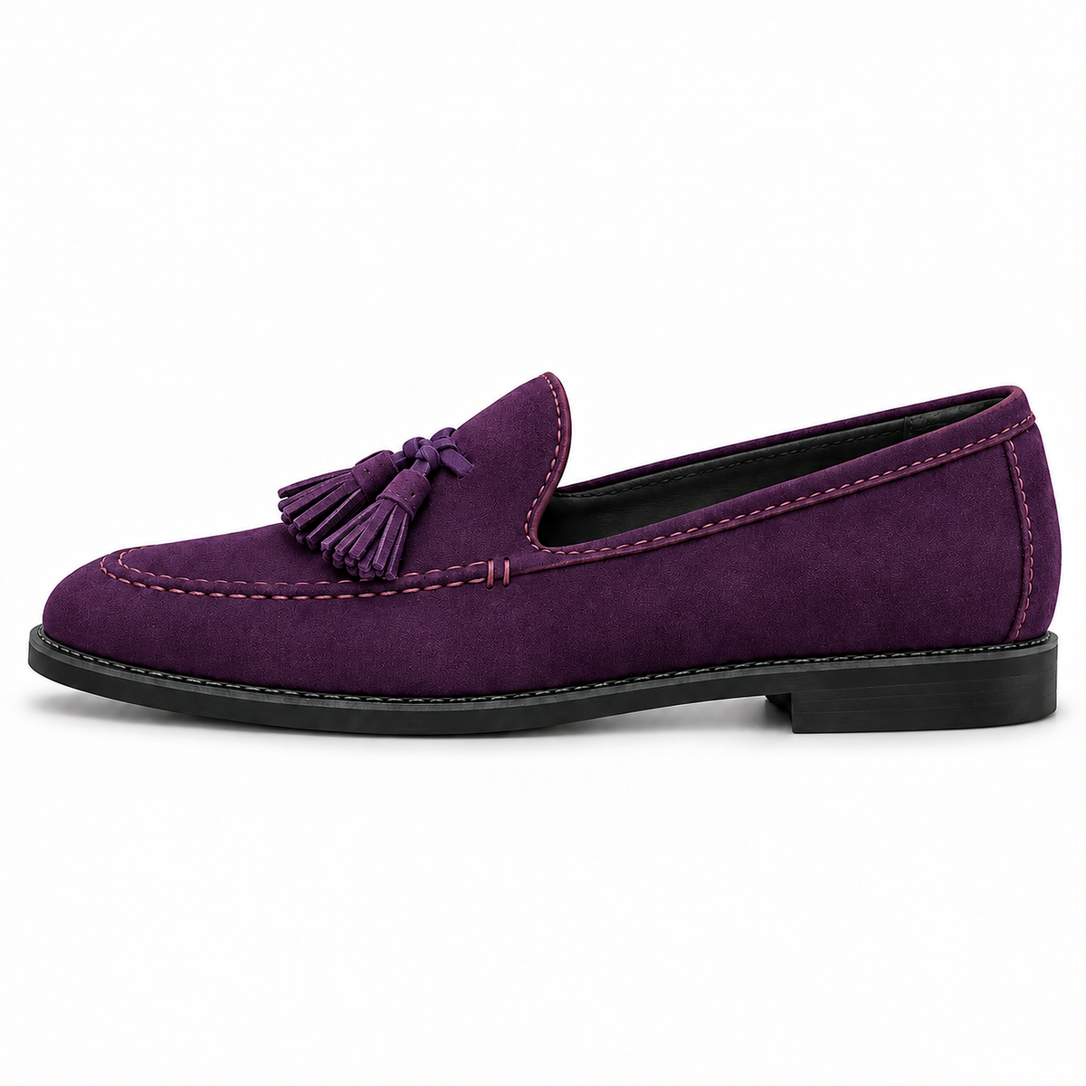 Purple Womens Suede Tassel Loafers side view - premium suede tassel loafer with white stitching and tan lining