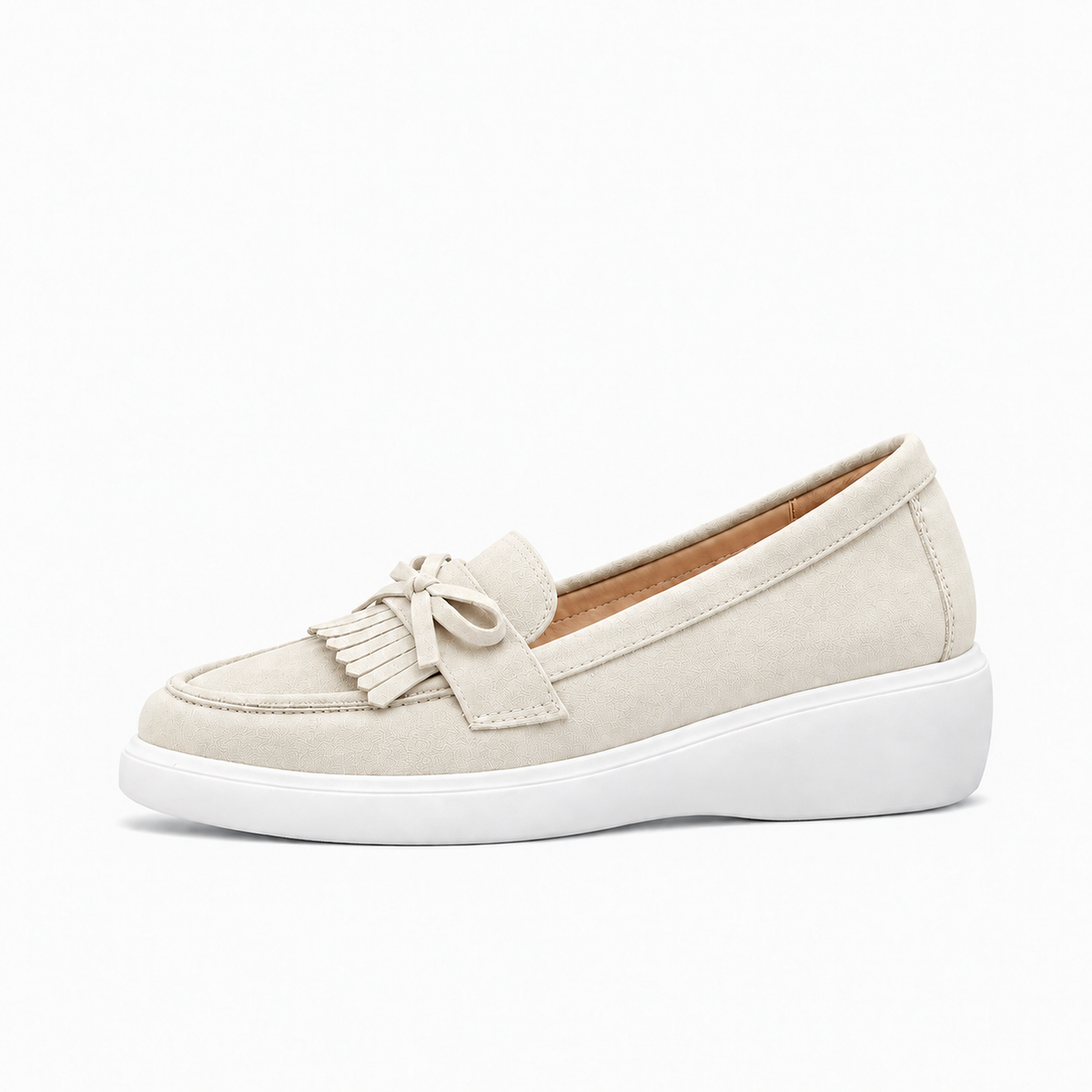 White Womens Bow Jelly Ballet Flats side view with flat tassels and white platform sole