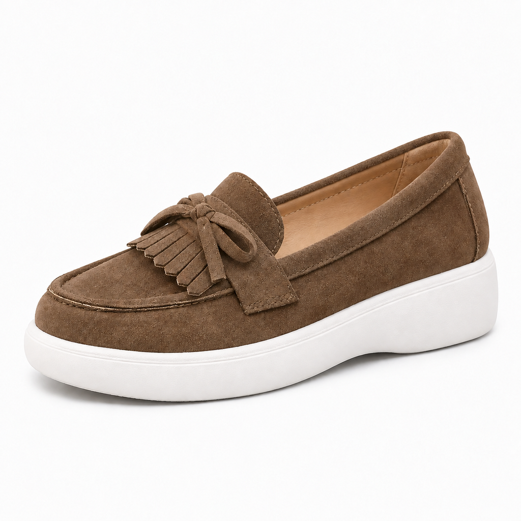 Brown Womens Bow Jelly Ballet Flats close-up with natural flat laces and white platform sole