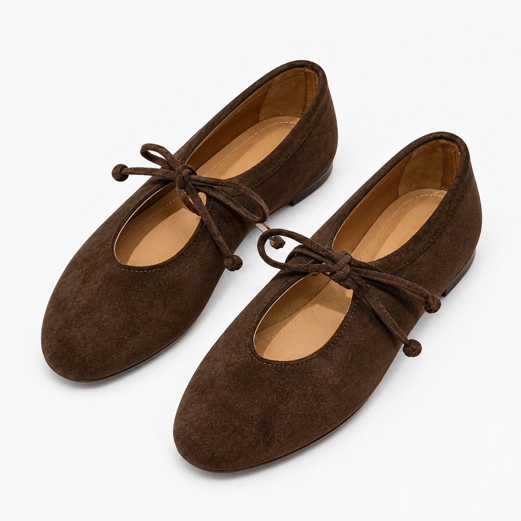 Womens Lace Up Suede Mary Jane Flats - Dark Brown pair studio view. Premium studio pair image of Dark Brown suede Mary Jane flats with rounded toes, bow laces and beige inner lining.