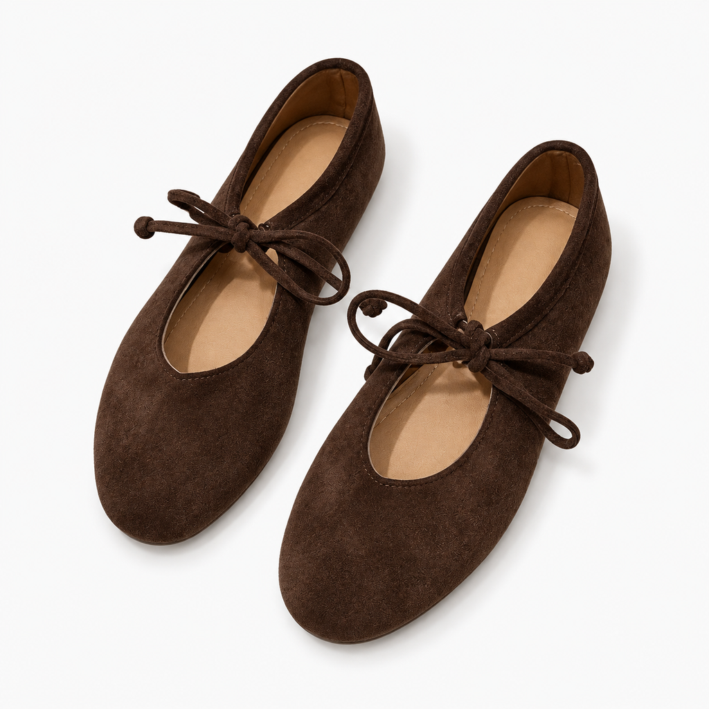 Womens Lace Up Suede Mary Jane Flats - Dark Brown pair top view. Pair of Dark Brown suede Mary Jane flats shown from above with beige lining, bow laces and slim flat sole details.
