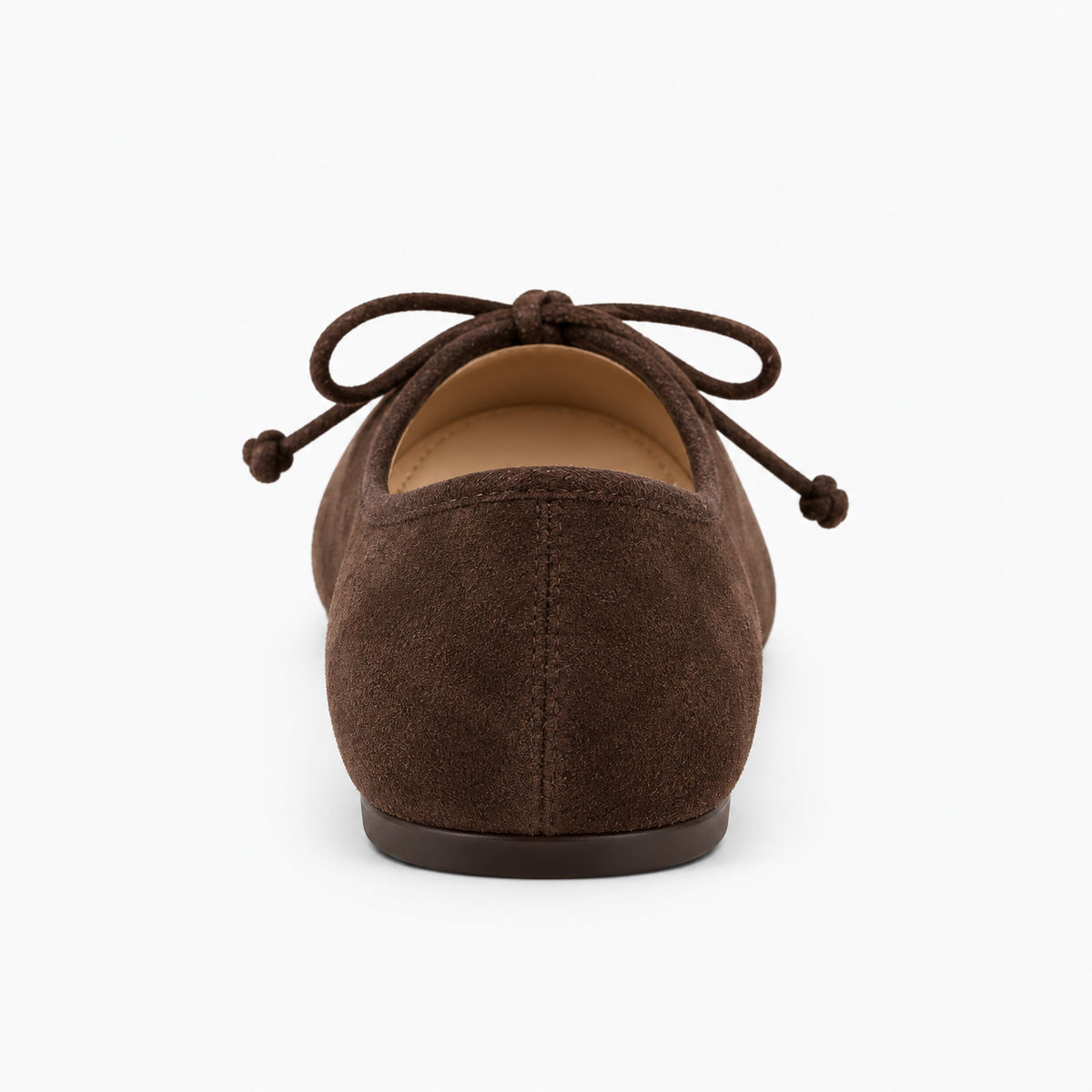 Womens Lace Up Suede Mary Jane Flats - Dark Brown rear view. Rear view of Dark Brown suede Mary Jane flats showing the soft heel counter, low flat sole and premium suede finish.