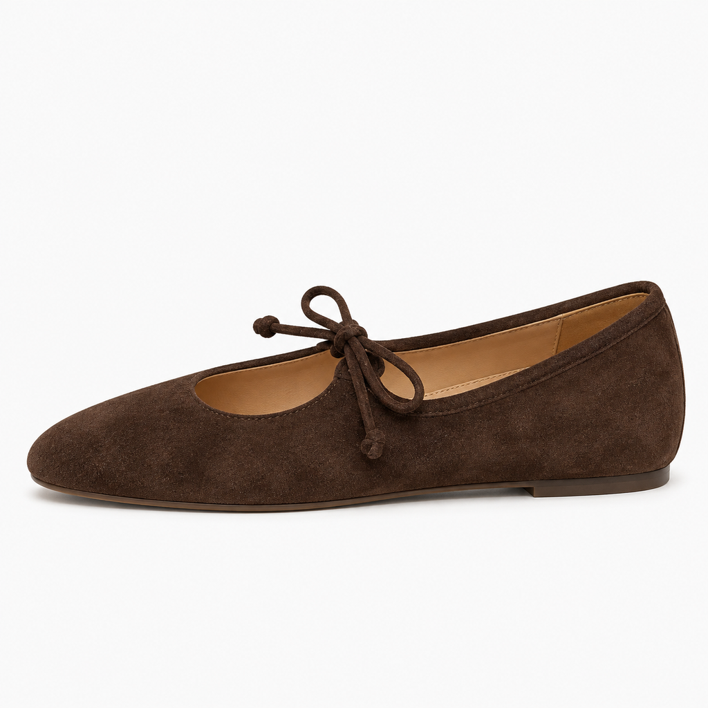Womens Lace Up Suede Mary Jane Flats - Dark Brown side view. Dark Brown suede Mary Jane flats with lace-up bow, rounded toe and low flat sole in a clean studio side-view image.