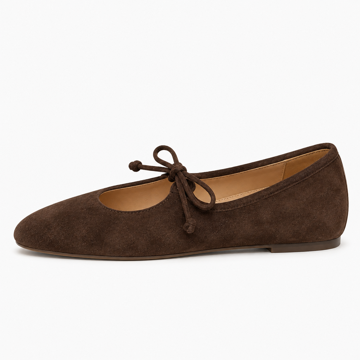 Womens Lace Up Suede Mary Jane Flats - Dark Brown side view. Dark Brown suede Mary Jane flats with lace-up bow, rounded toe and low flat sole in a clean studio side-view image.