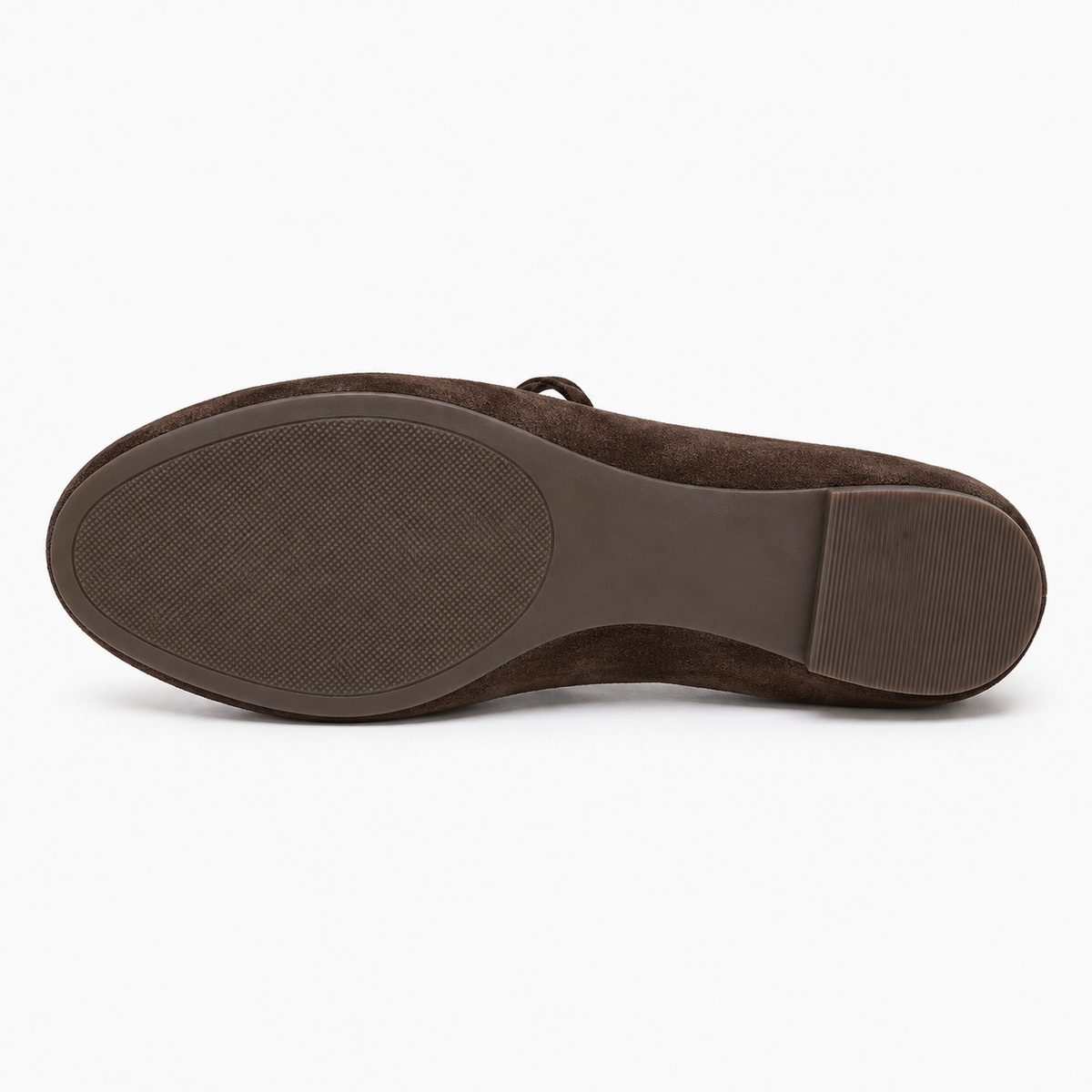 Womens Lace Up Suede Mary Jane Flats - Dark Brown sole detail. Underside view of the Dark Brown suede Mary Jane flat with a slim low-profile sole and subtle traction texture.