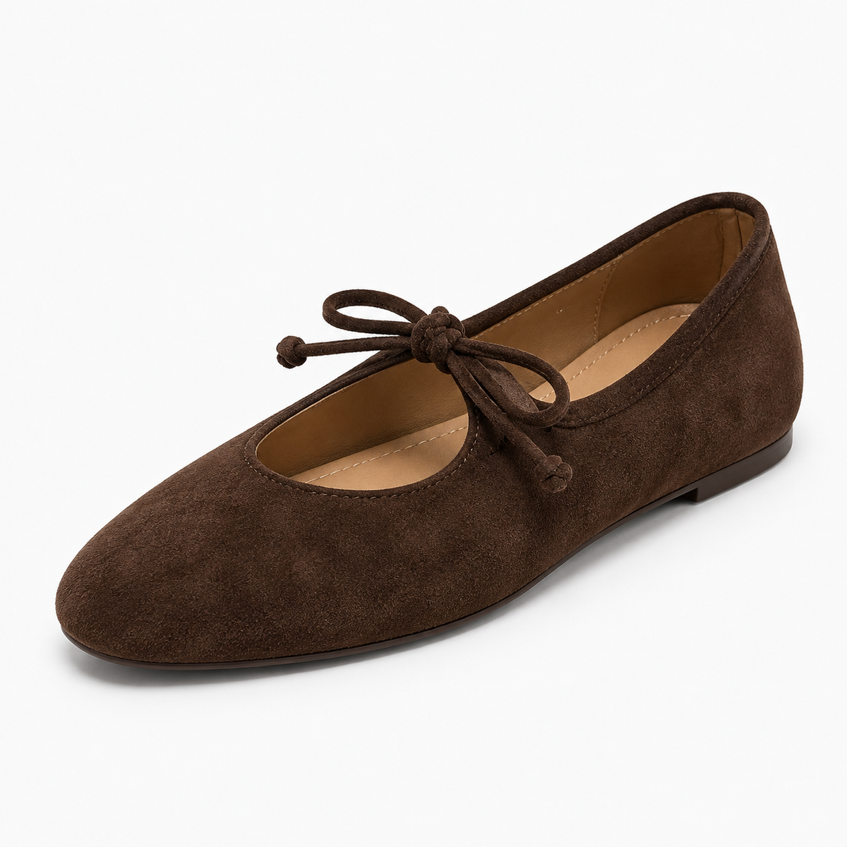 Womens Lace Up Suede Mary Jane Flats - Dark Brown three quarter view. Three-quarter catalogue image of Dark Brown suede Mary Jane flats with lace-up bow and elegant flat profile.