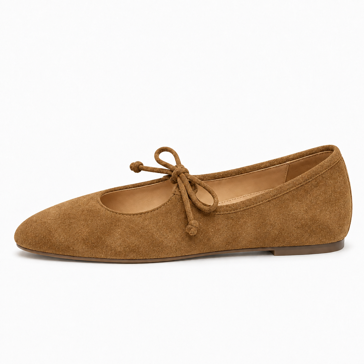 Womens Lace Up Suede Mary Jane Flats - Light Brown side view. Light Brown suede Mary Jane flats with bow laces, rounded toe and low flat sole, photographed for a bright catalogue view.