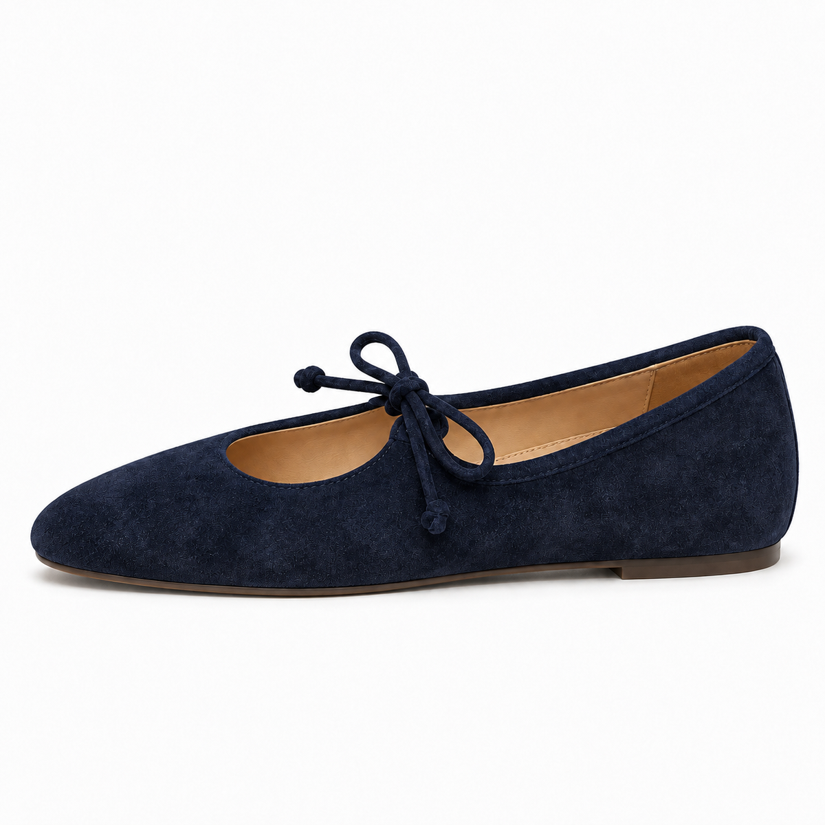 Womens Lace Up Suede Mary Jane Flats - Navy Blue side view. Navy Blue suede Mary Jane flats with lace-up bow, rounded toe and beige lining in a clean side-view product image.