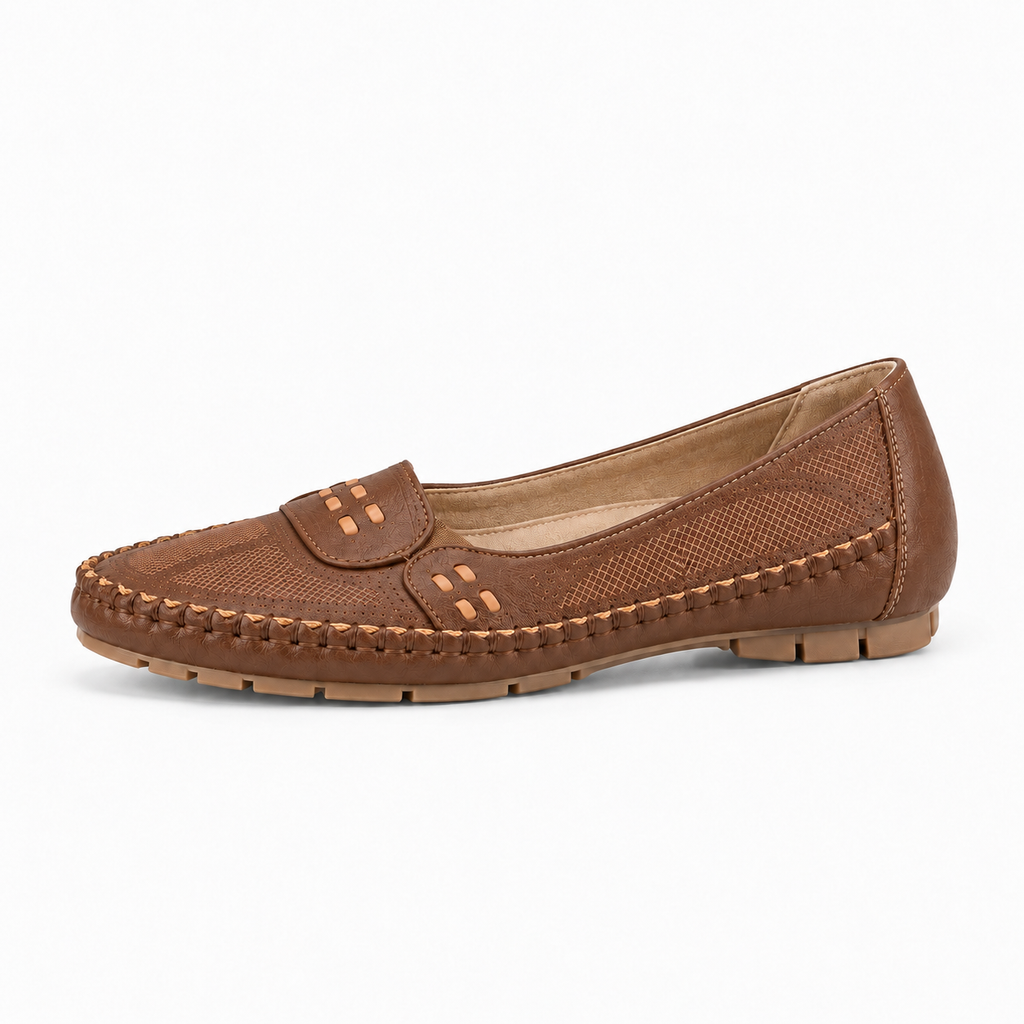 Brown womens Mary Jane square toe ballet flats side view with breathable mesh panels