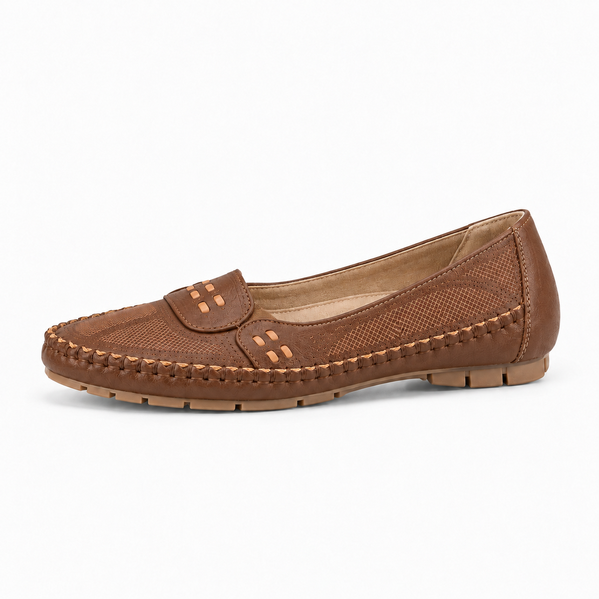 Brown womens Mary Jane square toe ballet flats side view with breathable mesh panels