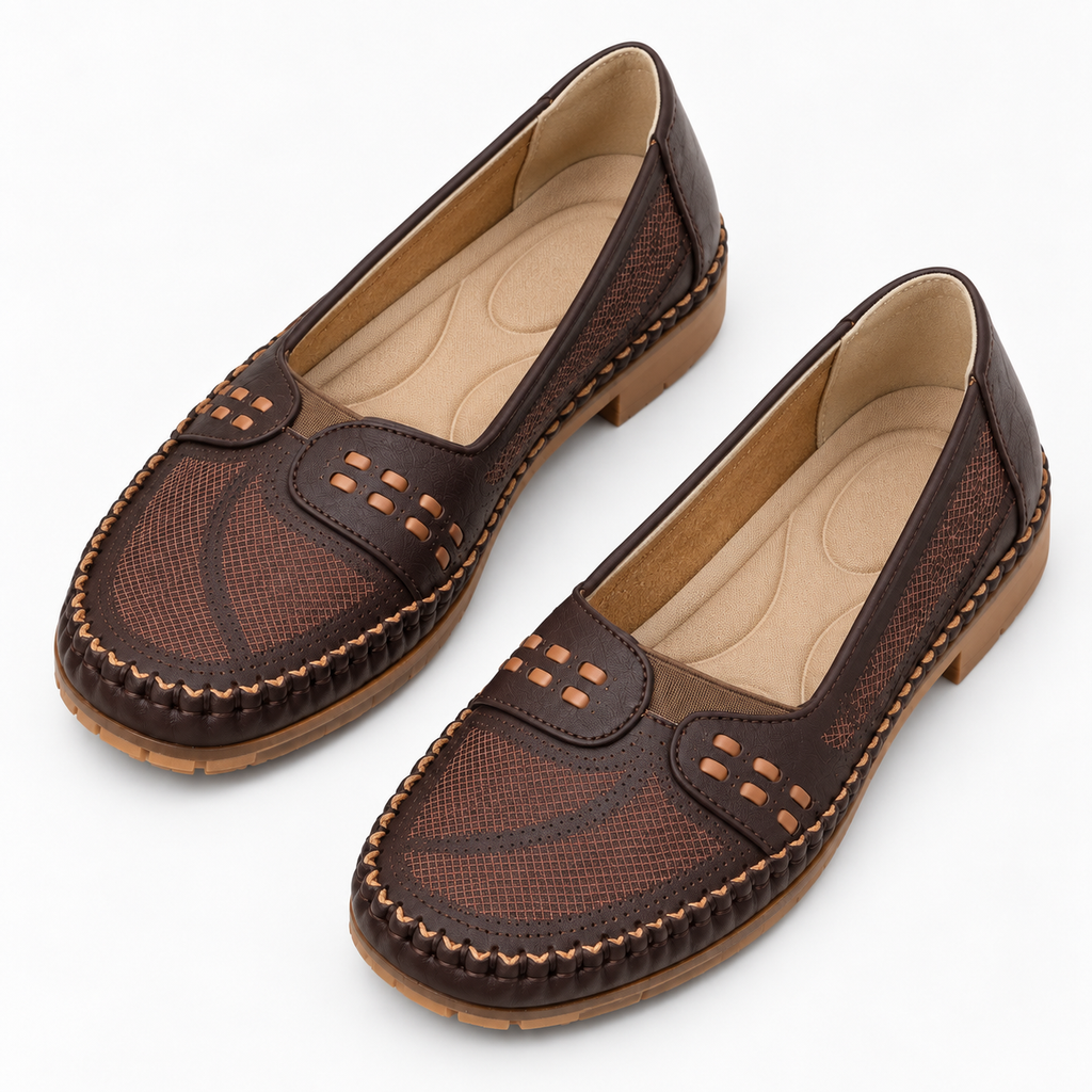Dark Brown Womens Mary Jane Square Toe Chunky Ballet Flats close-up pair view without feet showing perforated strap and breathable panels