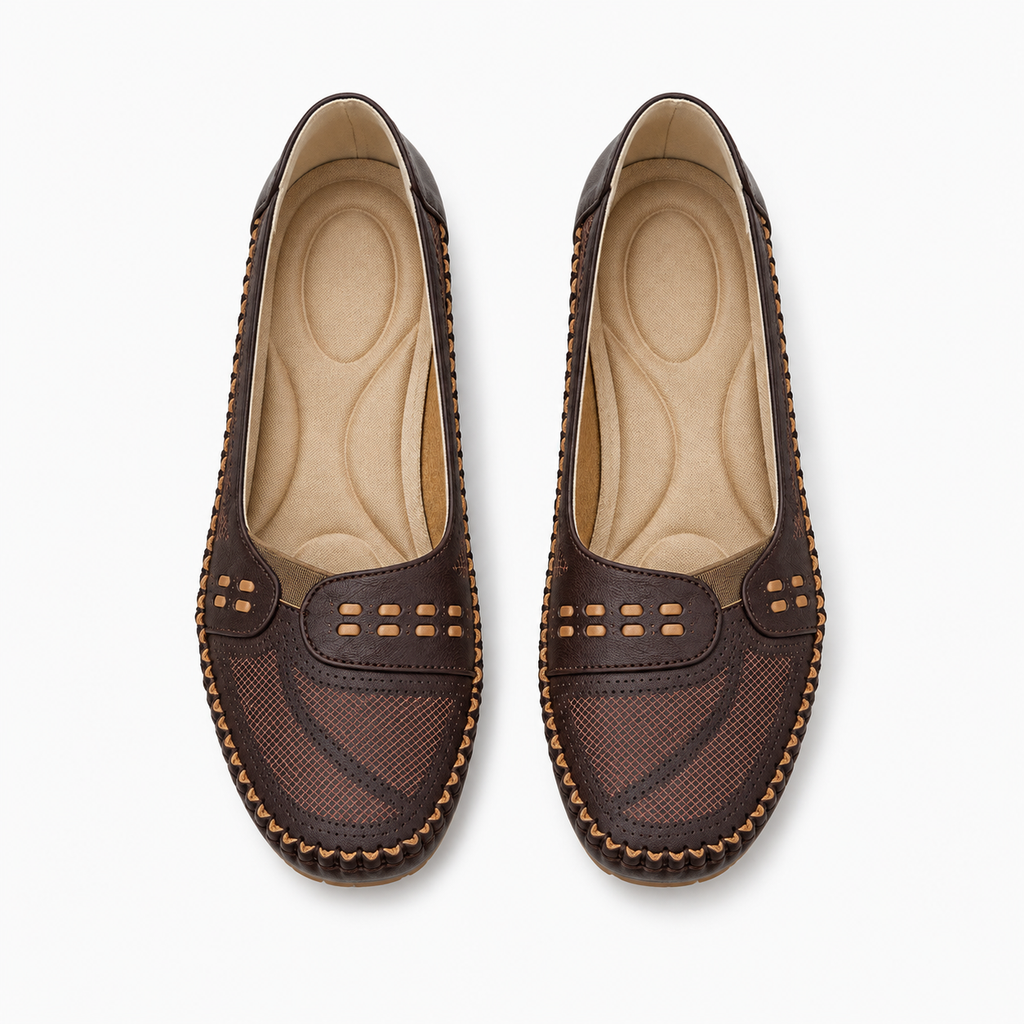 Pair of Dark Brown Womens Mary Jane Square Toe Chunky Ballet Flats shown from above with cushioned insole and mesh detail