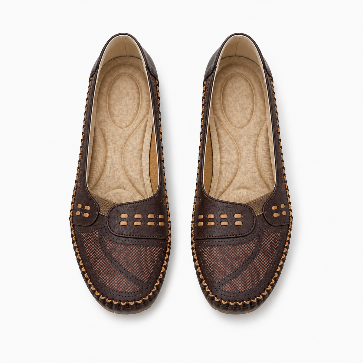 Pair of Dark Brown Womens Mary Jane Square Toe Chunky Ballet Flats shown from above with cushioned insole and mesh detail