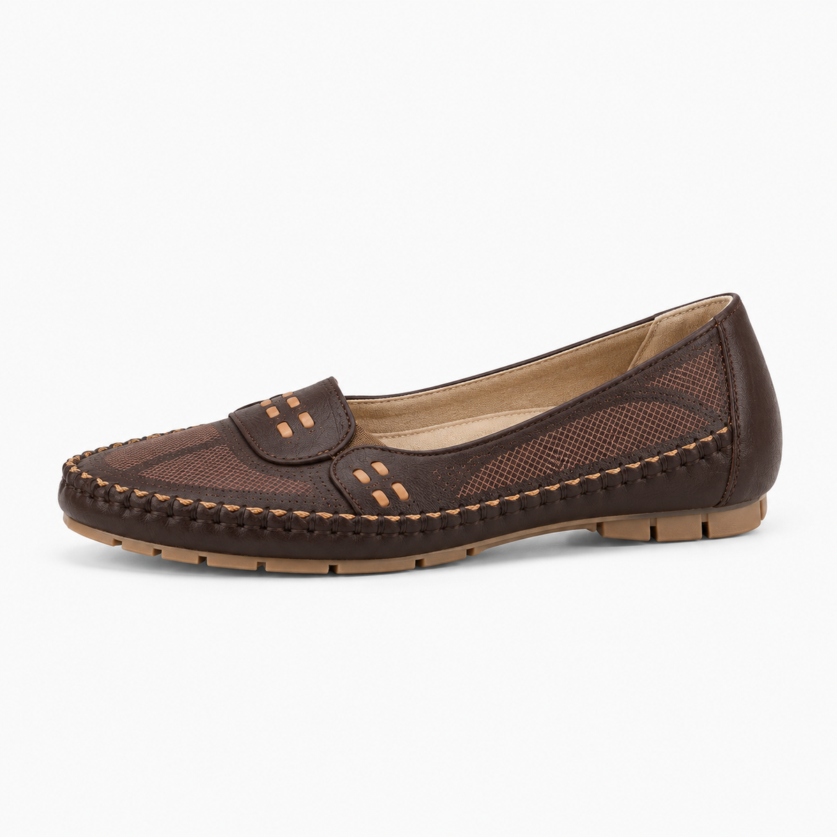 Dark Brown Womens Mary Jane Square Toe Chunky Ballet Flats side view with breathable mesh panels and contrast stitching
