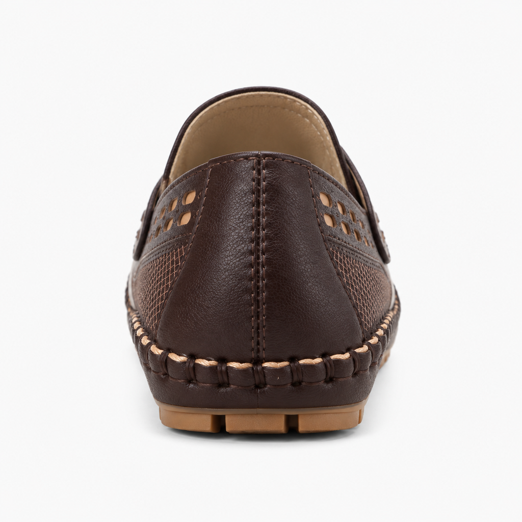 Dark brown womens Mary Jane square toe ballet flats studio back view with breathable side panels